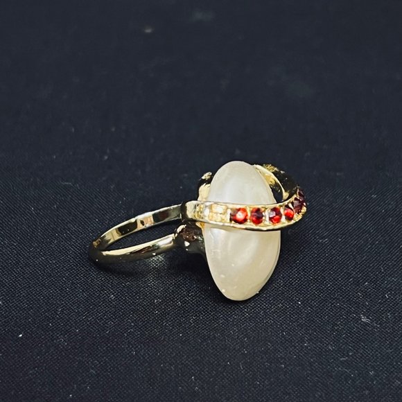 Gold Tone, Red Rhinestone And Faux Pearl Adjustable Ring (R347) - Picture 4 of 4